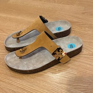 Tory Burch Camel Suede Platform Thong Sandals with Gold Logo